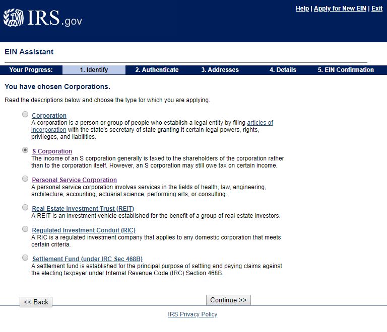 IRS.gov EIN page: Personal Service Corporation vs. S Corporation